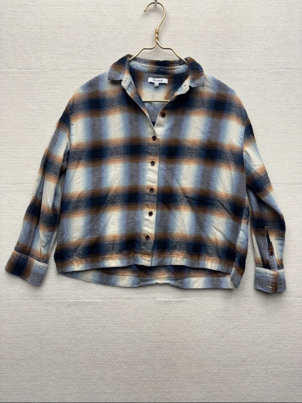 Madewell xxs Cropped Plaid Button-Up Shirt in Blue and Brown oversized